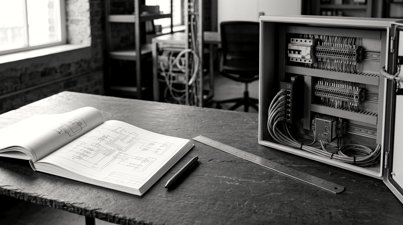 A procurement specification document with CRA clauses highlighted, beside an industrial control cabinet