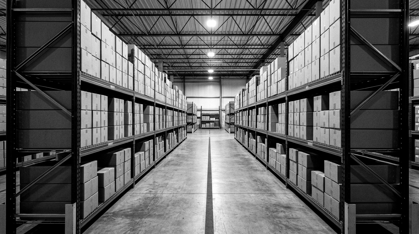 Automation distributor warehouse aisle with a compliance checkpoint overlay separating grandfathered stock from post-deadline stock