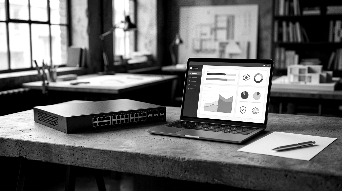 An OEM industrial network switch on a commissioning bench, powered down, beside a laptop running a pre-energisation vulnerability scan and a stack of handover paperwork.