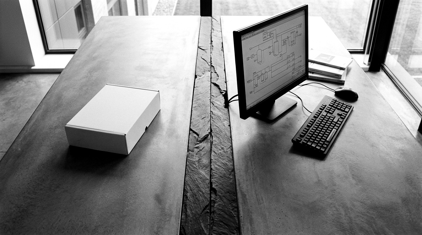 Split view: on the left a shrink-wrapped boxed software product with a CE mark; on the right an engineer's screen showing a one-off Ignition plant dashboard and a rung of ladder logic