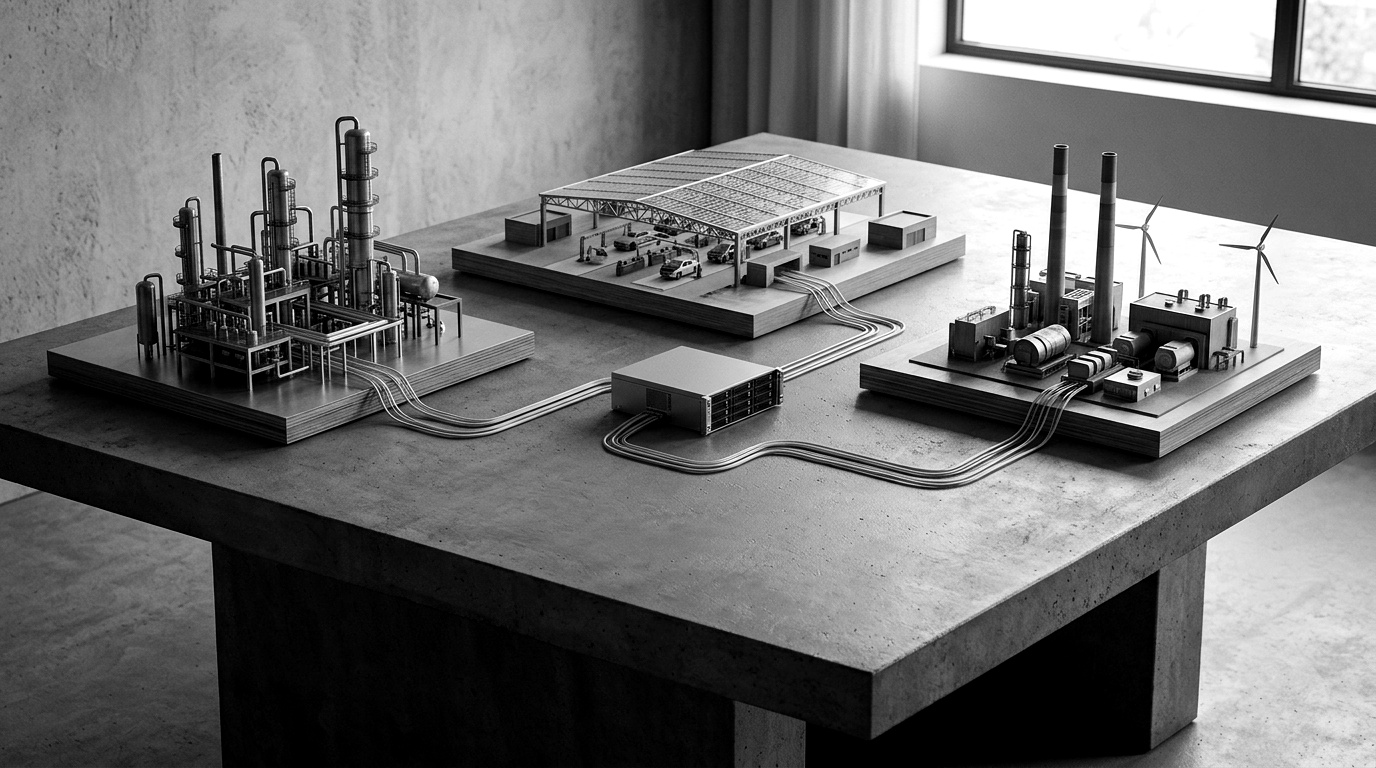 Three industrial plants — a chemical process site, an automotive assembly line, and an energy facility — connected to a single central engineering-governance hub.