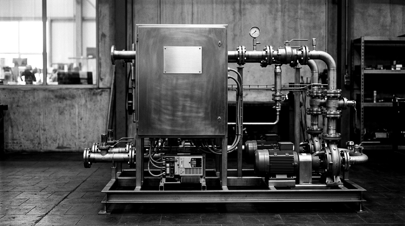 A composite process skid with pumps, a variable-frequency drive, and a control cabinet whose blank nameplate is the focal point