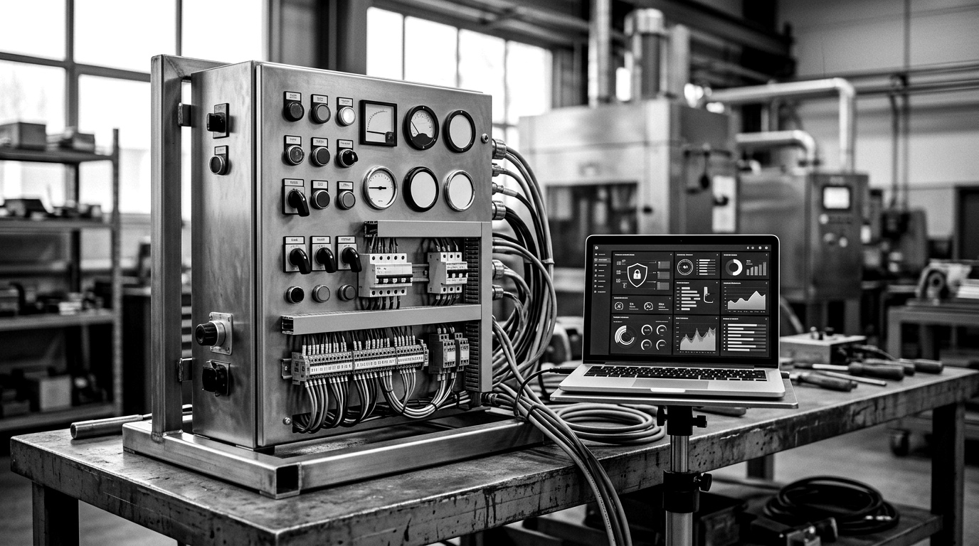 A control-panel skid on a factory acceptance test bench, with an inspector's laptop running a security scan beside the functional test rig.