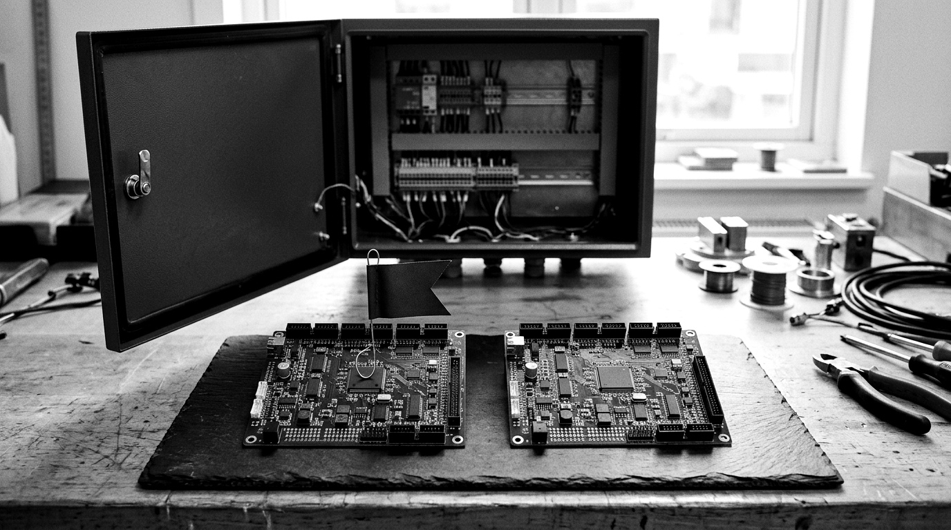 A maintenance technician holds two near-identical PLC control boards side by side at an aging industrial cabinet, one board tagged with a red flag