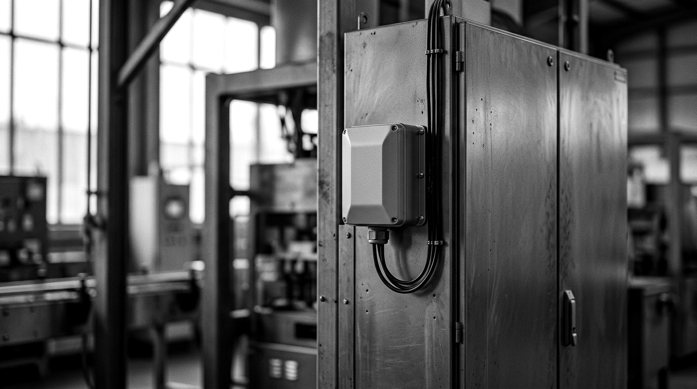 A weathered early-2000s packaging line on a factory floor with a small modern cellular gateway enclosure freshly bolted to its control cabinet