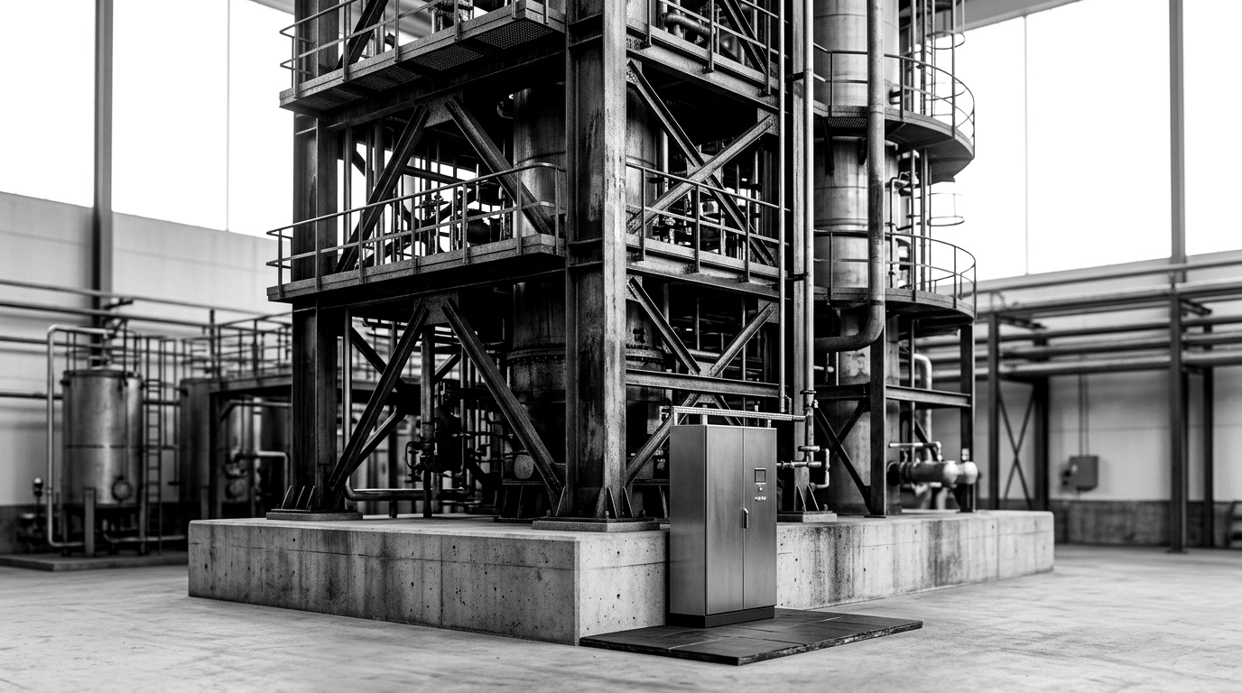 An aging refinery distillation column with a small control cabinet, set against a long asset-lifecycle line where the vendor support window is a short early segment