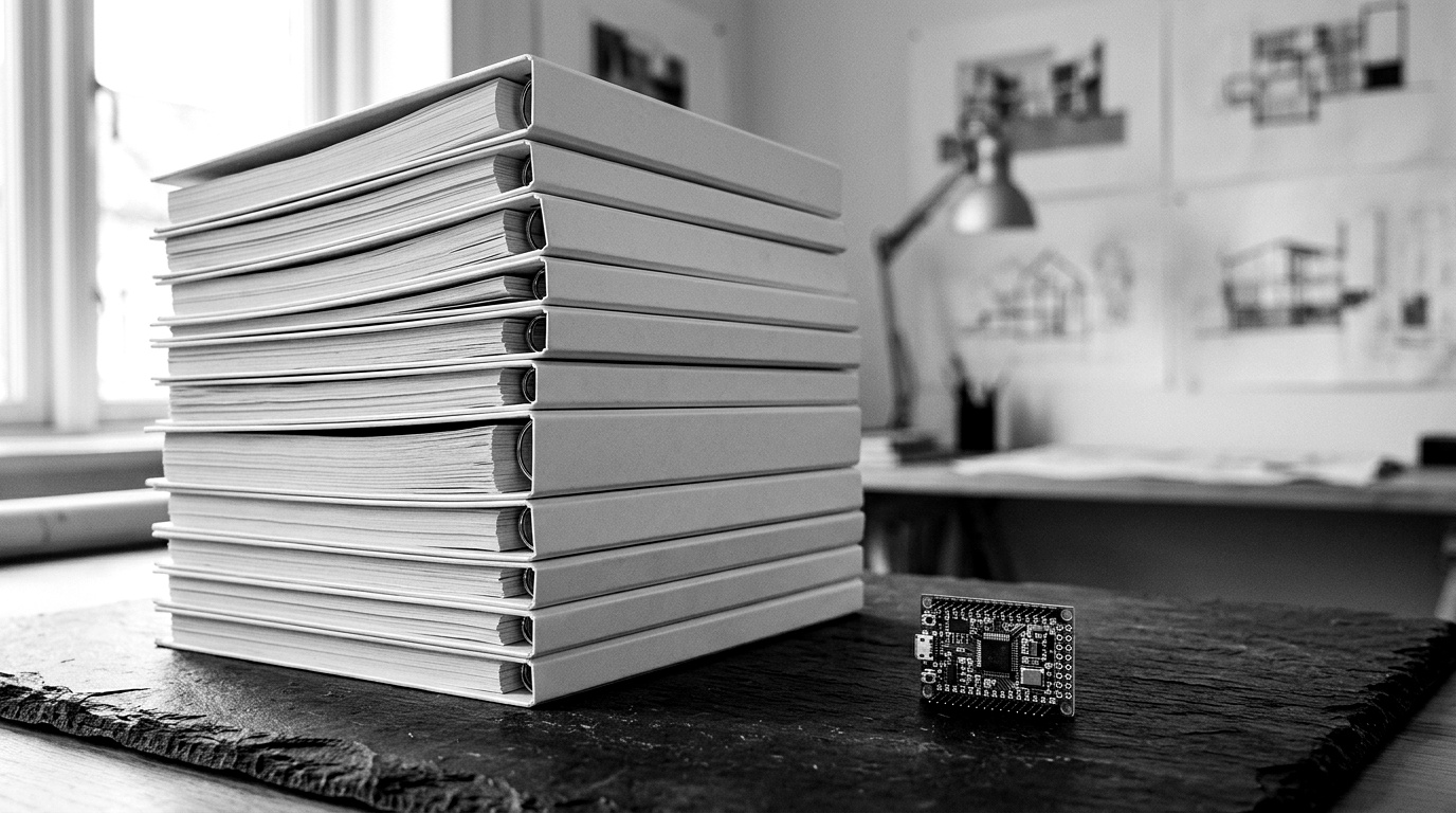 A small embedded circuit board on a workbench dwarfed by a tall stack of compliance paperwork bearing a large industrial OEM's supplier-onboarding forms
