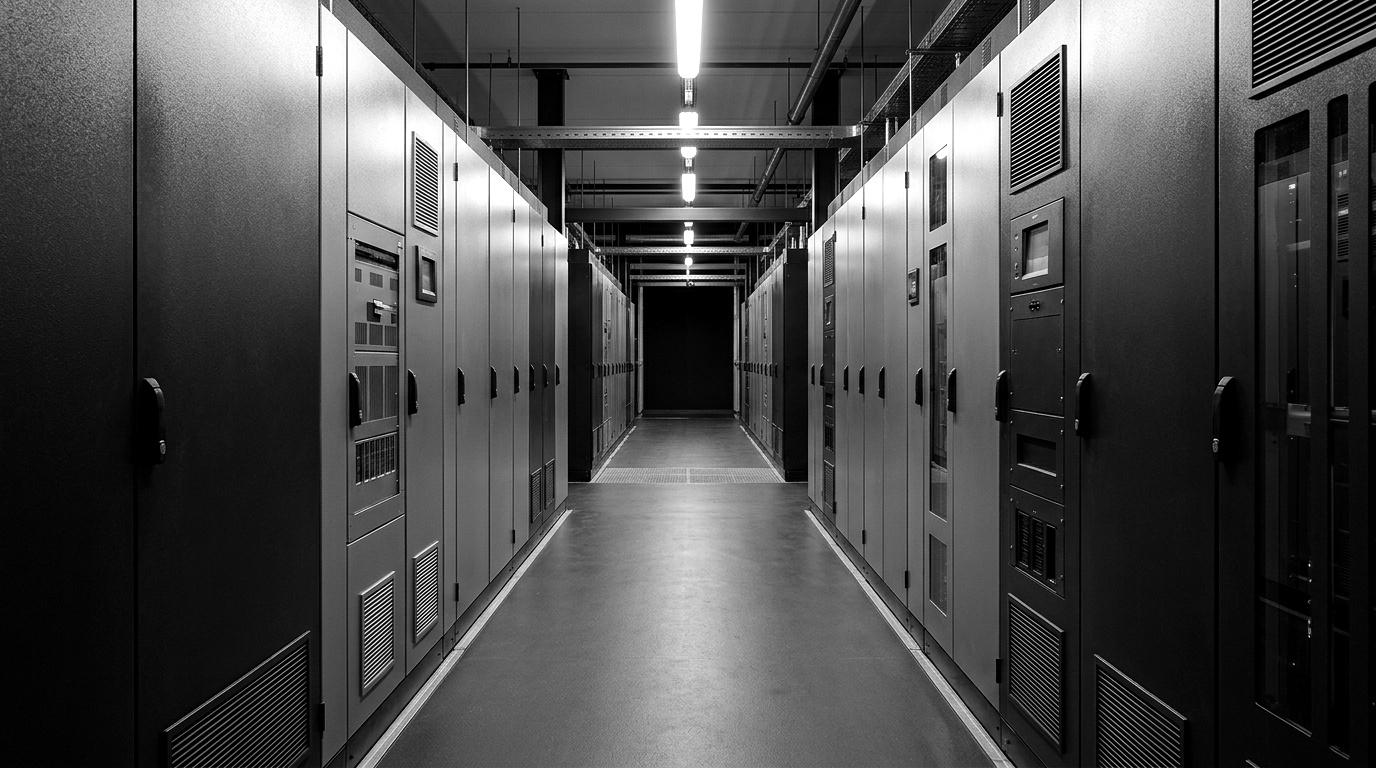A data hall electrical and cooling gallery — modular UPS cabinets, switchgear line-ups and PDU busway — viewed as a calm, orderly critical-power estate