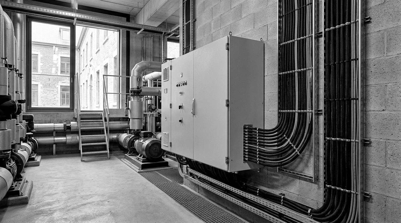 A commercial building mechanical room with a wall-mounted automation controller cabinet and cabling, calm and professional, no visible text or logos.