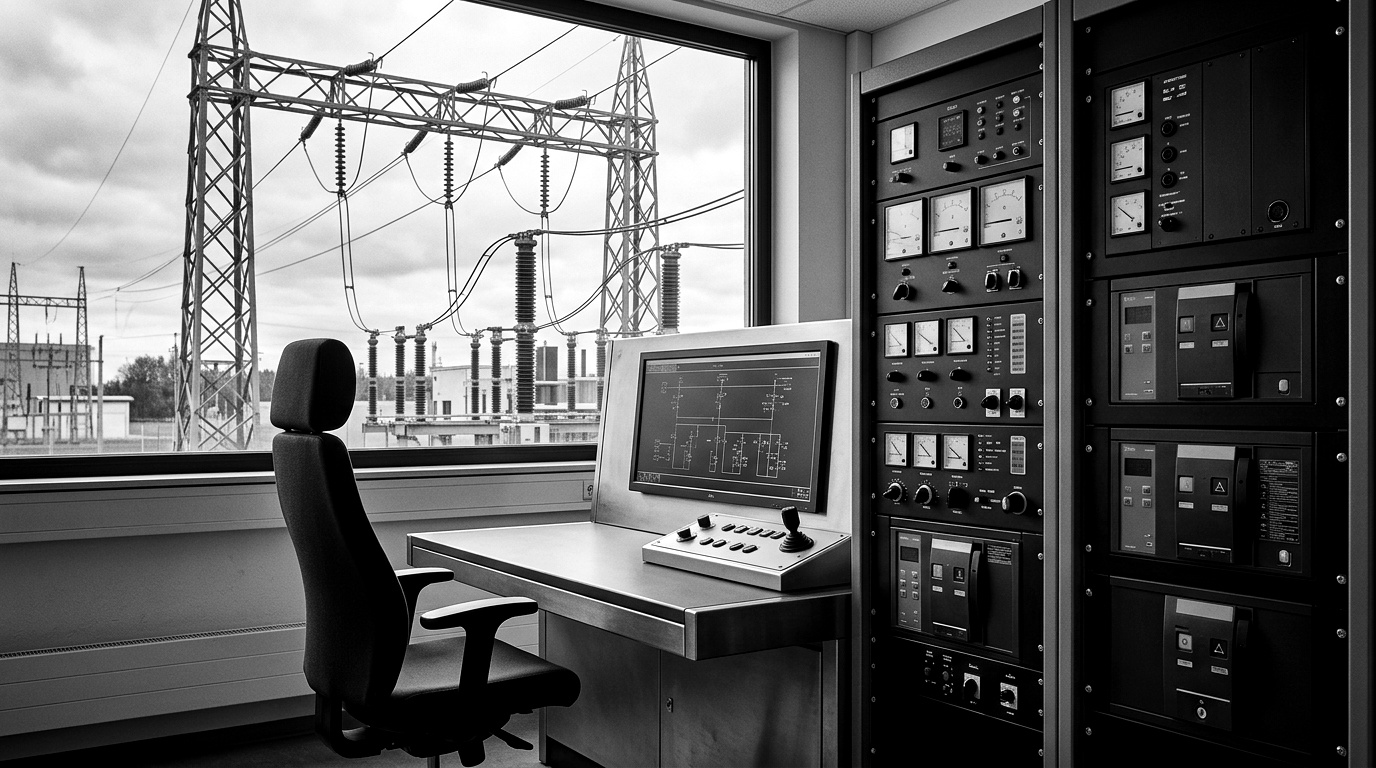 An engineer at a substation HMI beside a rack of protective-relay IEDs, a 400kV gantry visible through the window, a laptop showing a pending firmware update.