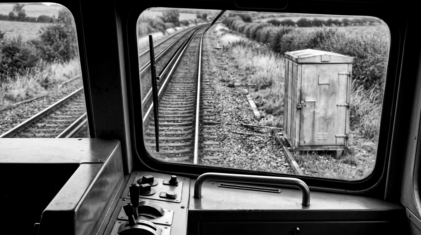 An ETCS on-board unit and driver-machine interface in a modern train cab, with a wayside signalling cabinet visible through the windscreen