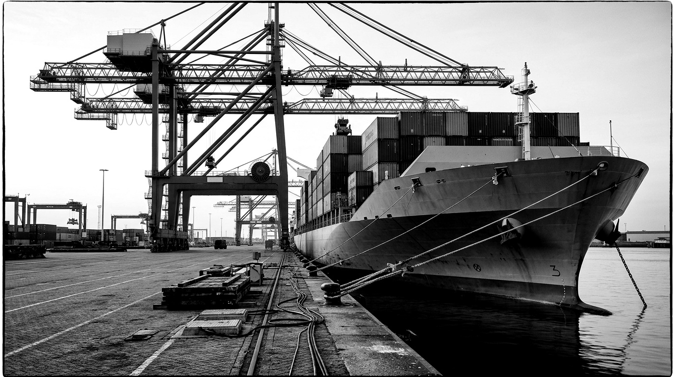 A container terminal at the quay edge: a ship-to-shore crane over a moored vessel, the water-line separating ship from shore. Factory-neutral, no legible branding.