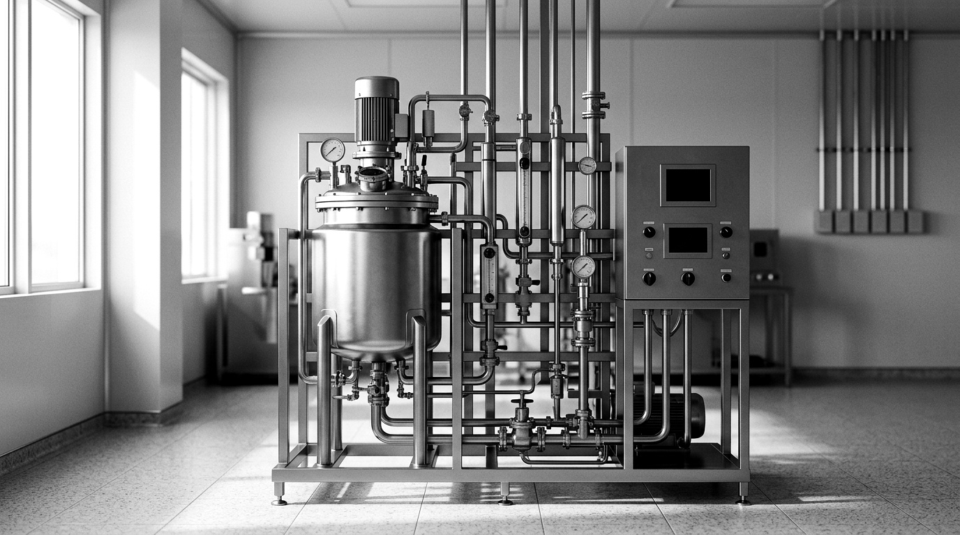 A bioreactor process skid and control cabinet in a pharmaceutical cleanroom, with a maintenance tablet showing a software update in progress.