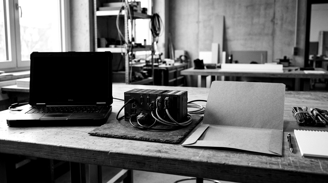 Industrial OEM product-security team at a workbench reviewing a vulnerability tracker beside a physical drive controller on the bench