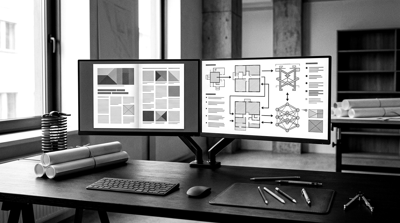 A product-security writer at a dual-monitor workstation drafting a security advisory, one screen showing the operator-facing bulletin and the other showing a redacted internal root-cause note