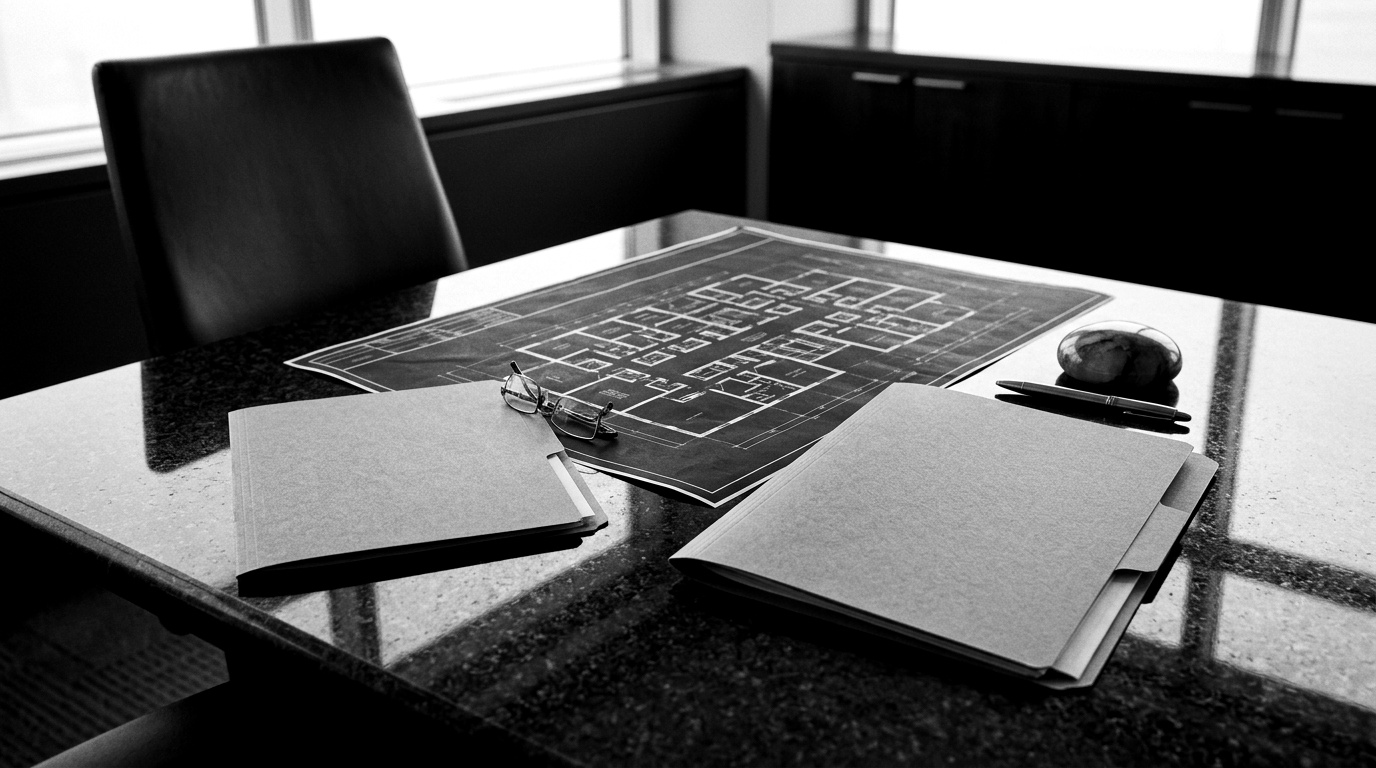 A hardware compliance director at a desk holding two documents side by side: a one-page signed declaration and a thick notified-body audit quote, weighing which route a networked device must take
