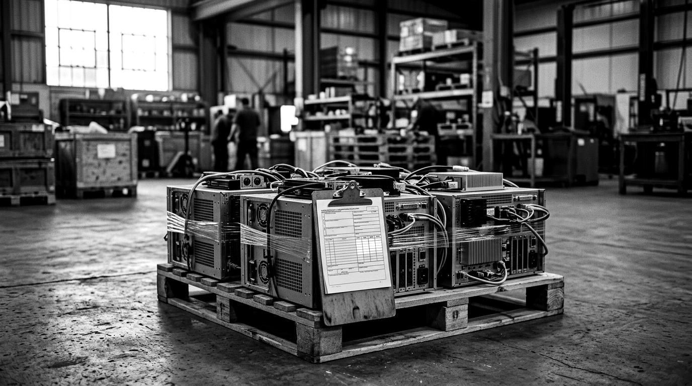 A pallet of networked industrial controllers held in a bonded customs warehouse, with a single-page EU declaration of conformity flagged and a highlighted blank field where the harmonised-standard reference should be