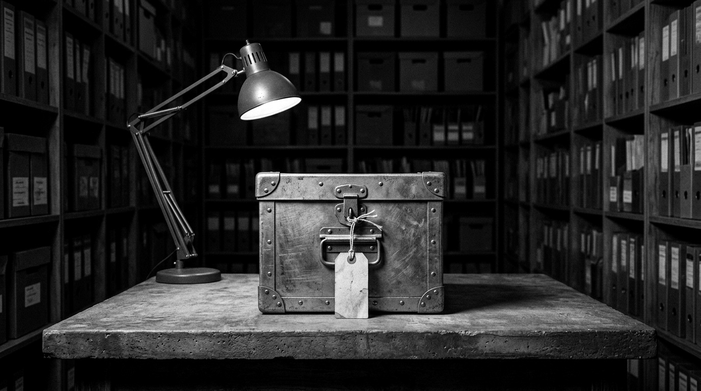An archival storage room with a single sealed evidence box labeled with a product name and a cryptographic hash, retrieved under a desk lamp, dated years in the future