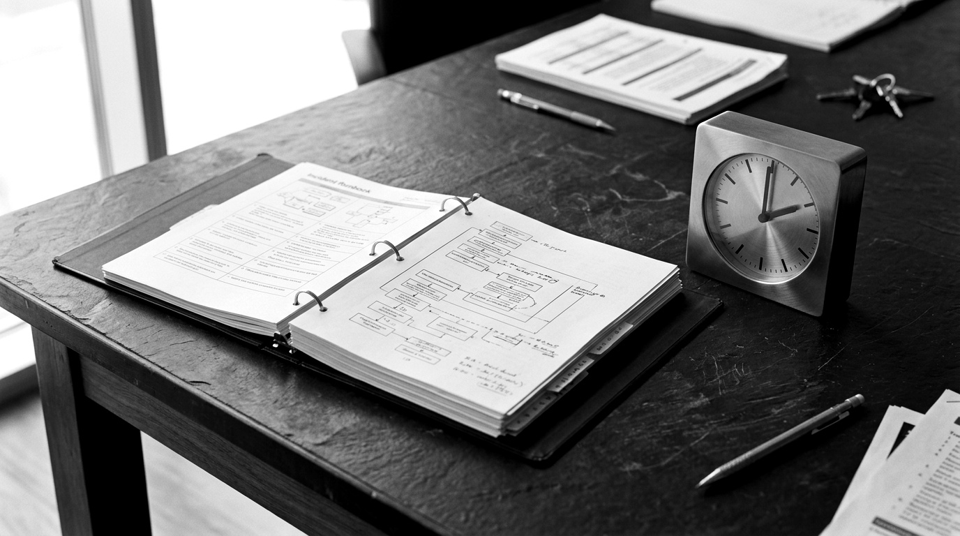 A one-page crisis runbook pinned to a board: escalation path, single point of contact, technical-file location, withdrawal-versus-recall decision, and a dated clock log