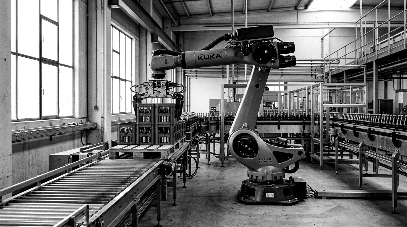 A palletising robot at the end of a production line, its three layers labelled: controller firmware governed by the CRA, computer-vision model governed by the AI Act, and the surrounding plant governed by NIS2