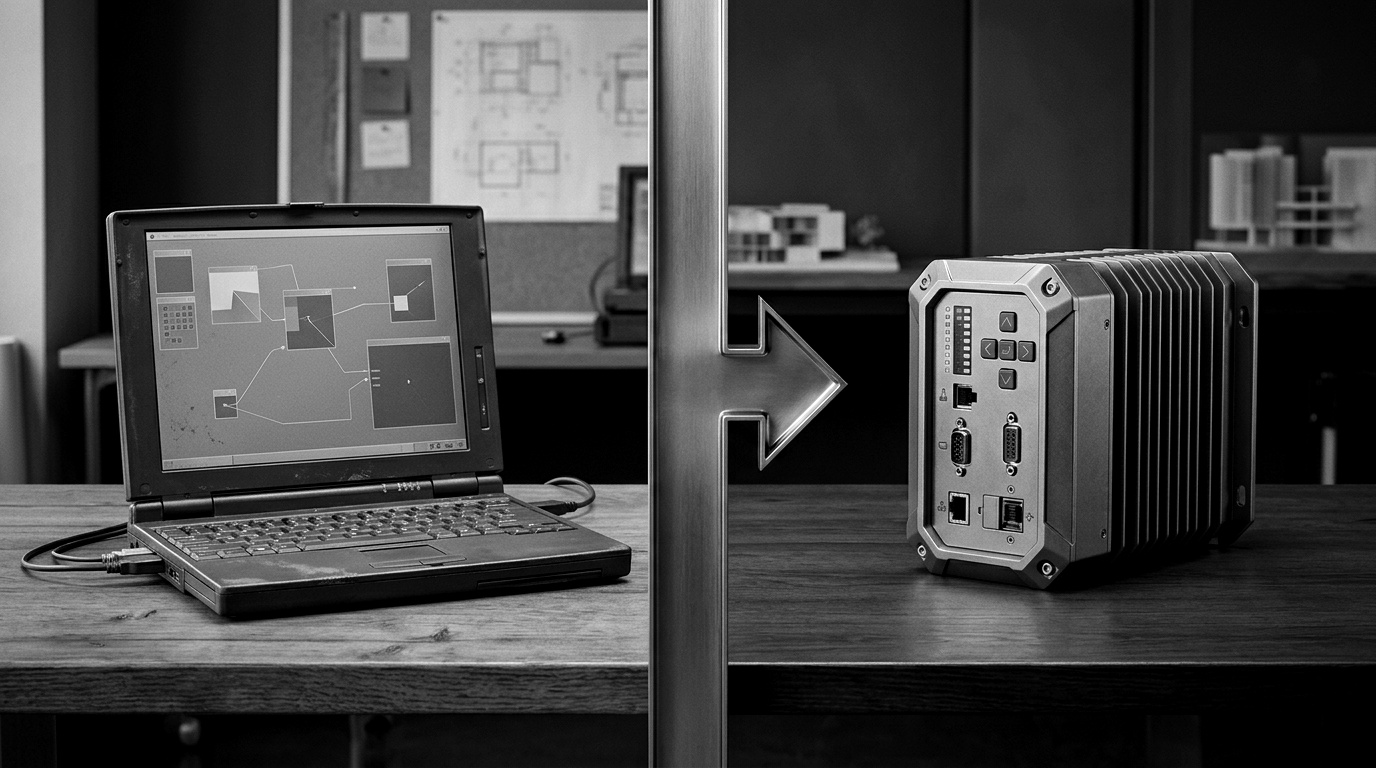 A split image: on the left a 2018-era web cookie-consent banner, on the right an industrial programmable logic controller carrying the same 'secure by default' posture, joined by an arrow labelled Brussels Effect