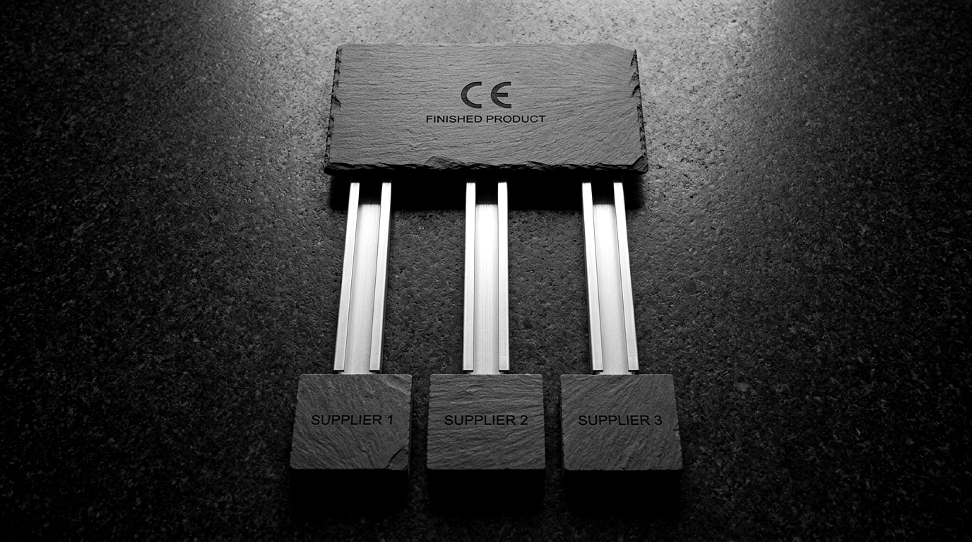 A single CE-marked finished product at the top, with three obligation arrows flowing downward into a row of component-supplier boxes labelled SBOM, disclosure contact, and support horizon