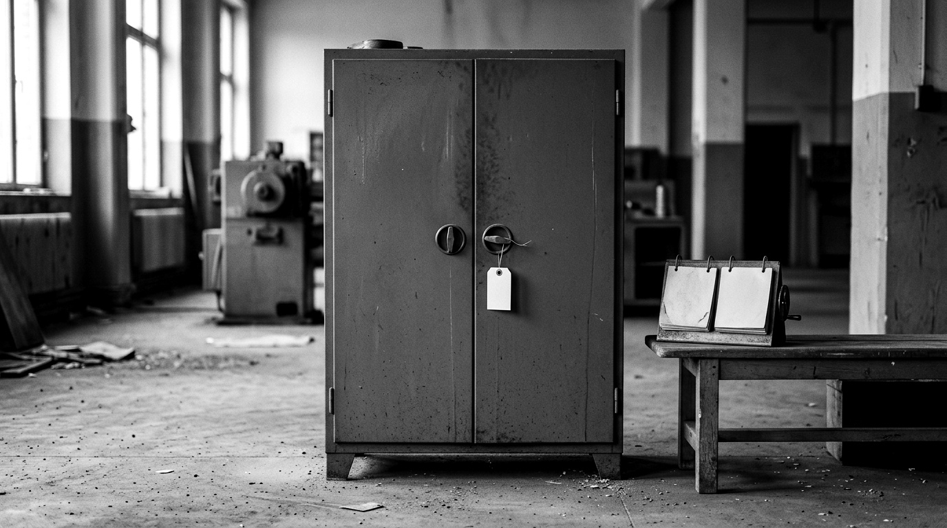 A powered-down industrial control cabinet on a decommissioned line, an auction lot tag hanging from the door, a wall calendar in the background still turning
