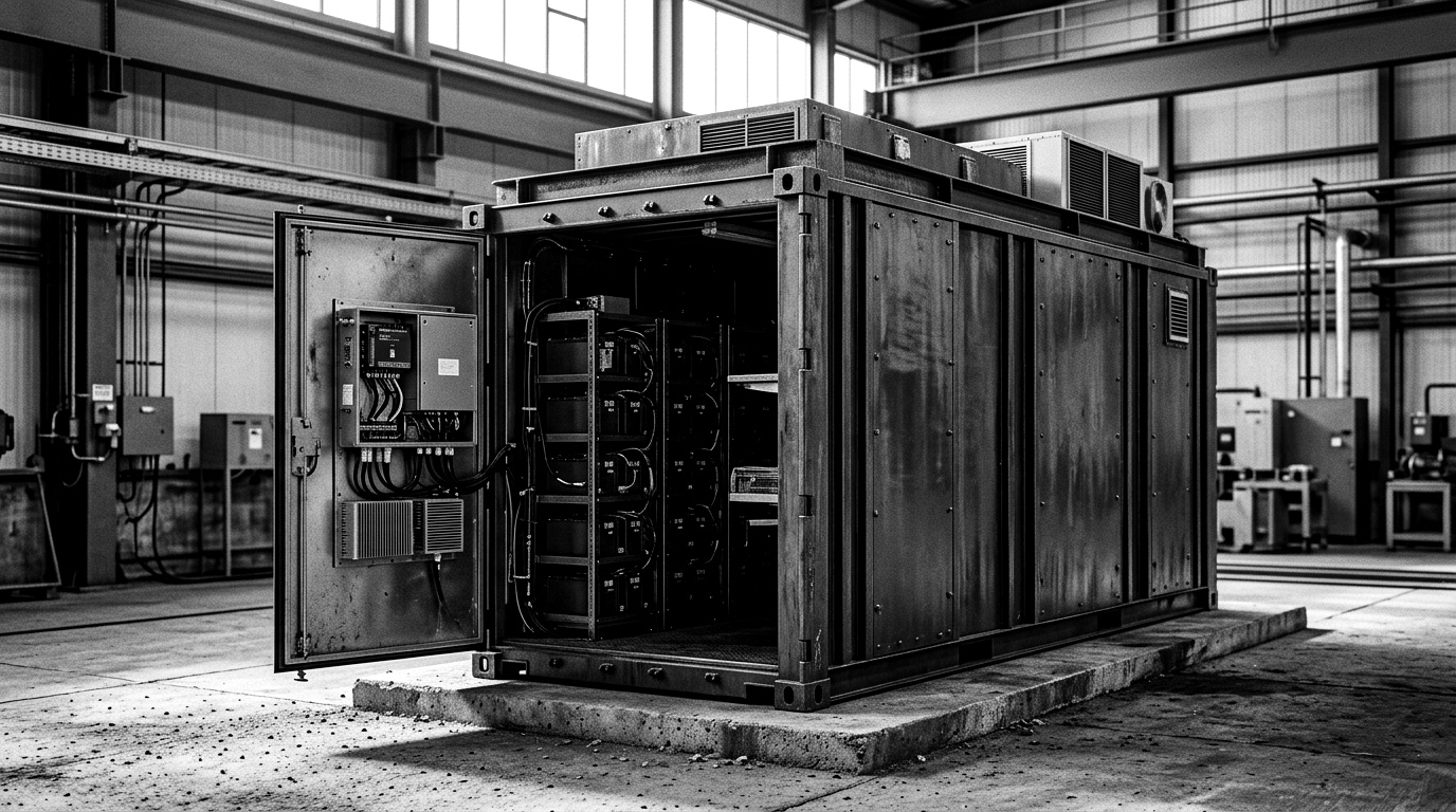 A containerised battery energy storage system on a substation pad, one door open to reveal racks of lithium-ion modules and a BMS controller, with a network cable running to a small firewall appliance.