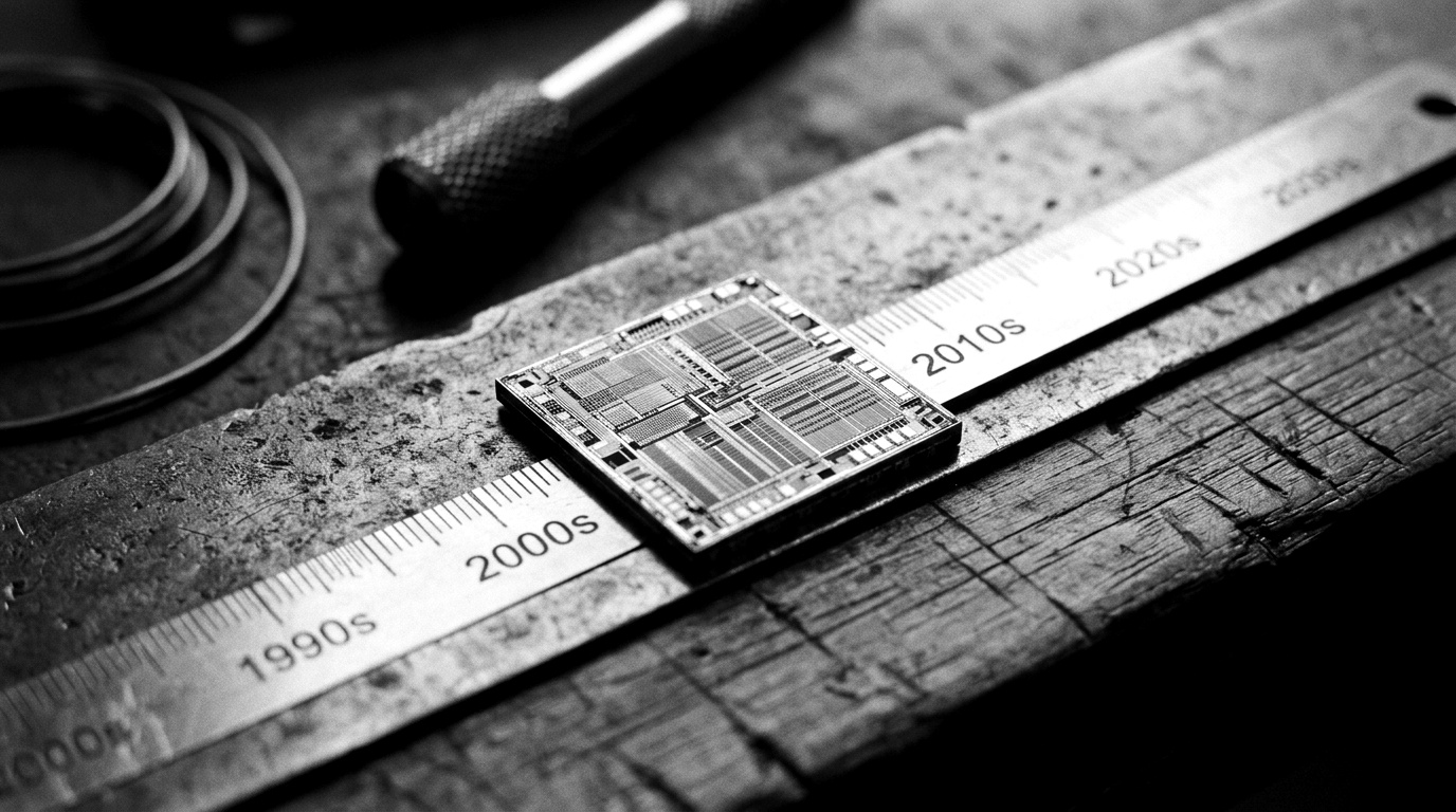 A stripped-down microcontroller die shot overlaid with a long timeline from 2028 to 2055, and a single statutory line reading 'state of the art mechanisms' underlined where a specific algorithm name is conspicuously absent