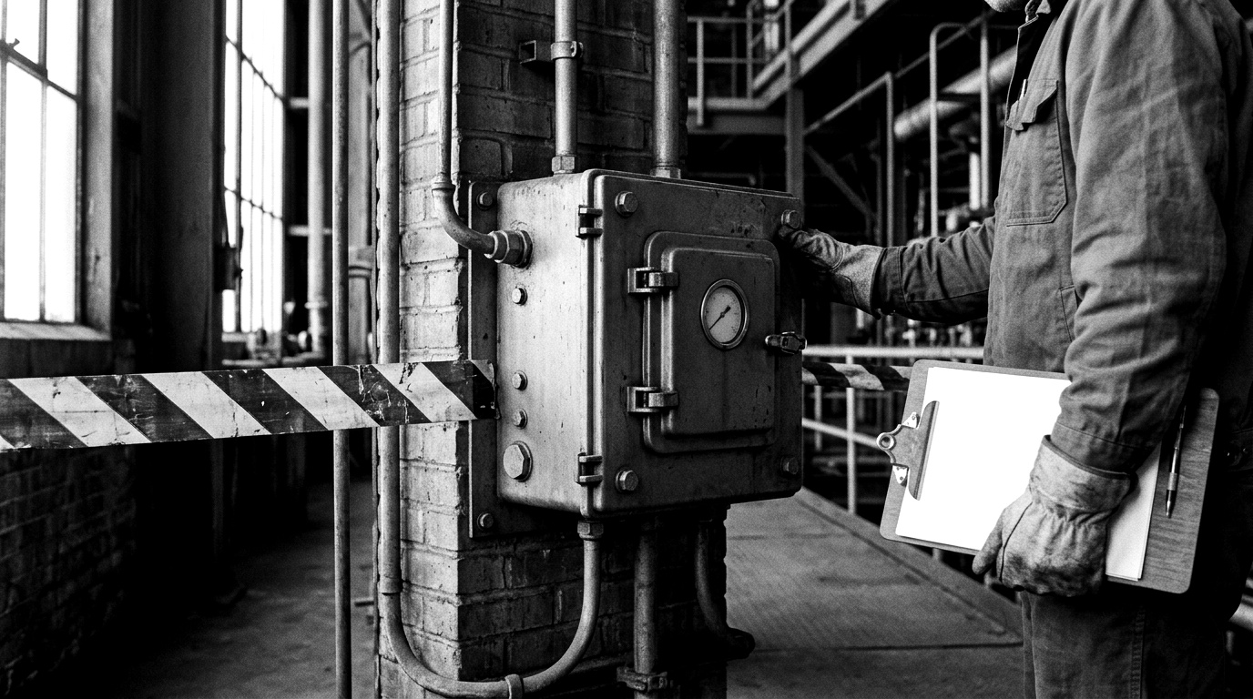 An alkaline electrolyzer stack on a hydrogen plant with a controller enclosure marked Ex and a Zone 1 hazardous-area boundary line, an engineer holding a signed firmware advisory.