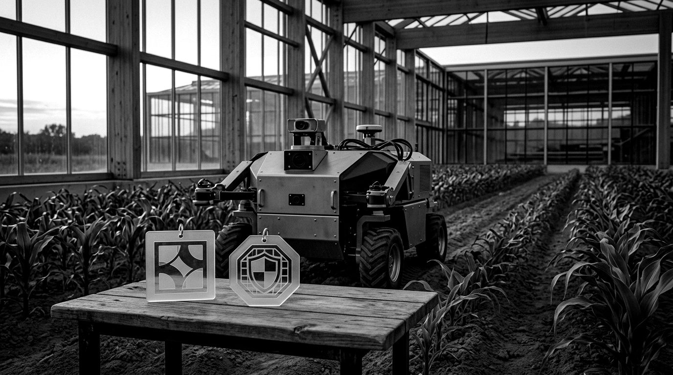 A large autonomous field robot in a crop row with a spoofed cellular steering command reaching it, annotated to show two regulators reaching for the same machine: the Machinery Regulation labelled 'safety function' and the CRA labelled 'security posture'