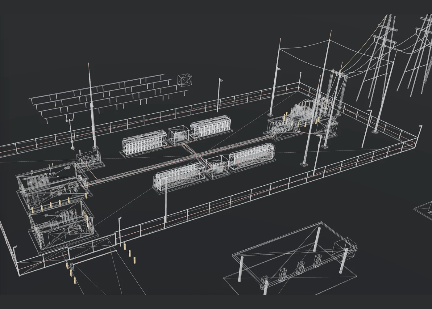 A utility battery site shown as a 3D wireframe: a fenced compound with four battery units in two rows, MV skids, a transformer, a control house and overhead line towers.