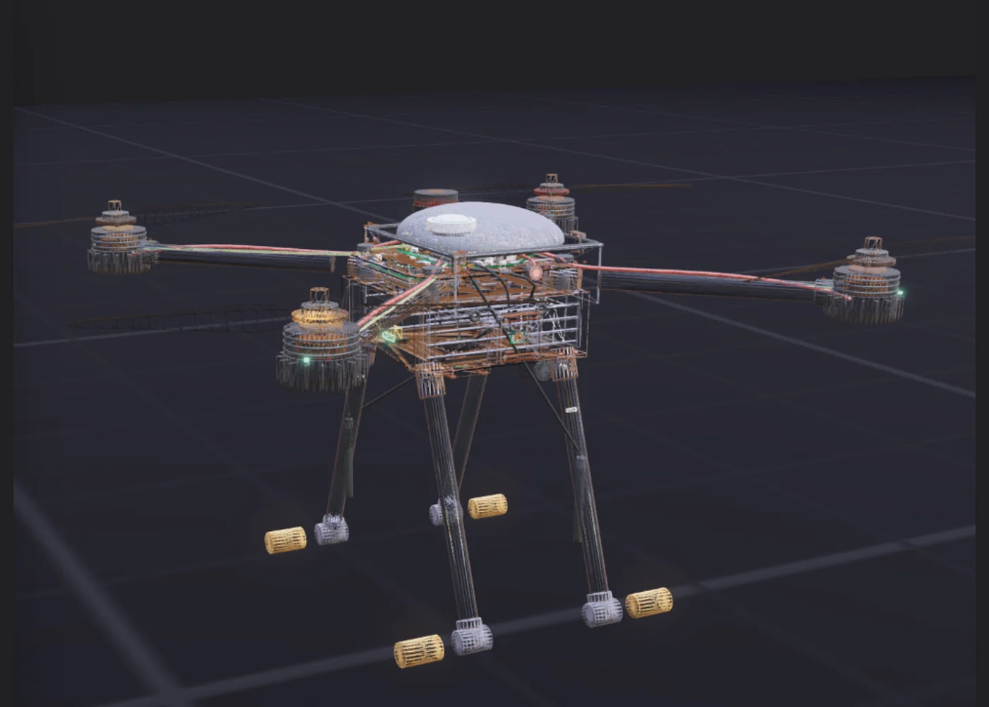 A quadcopter drone shown as a 3D wireframe, with its motors, flight controller stack, landing legs and payload cells.